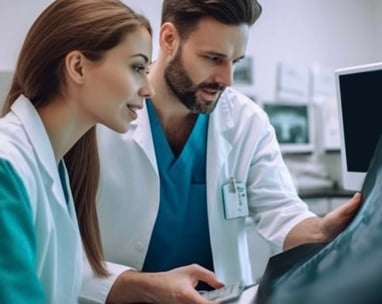 a dentist and dental hygienist looking at a computer screen