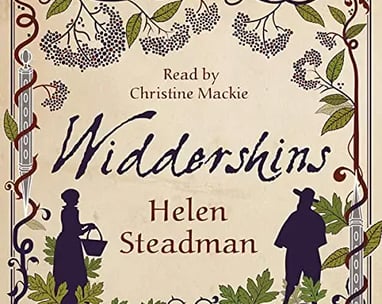 A young woman faces a witchfinder. Dark purple silhouettes on a flesh-coloured background.