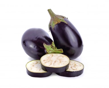 2 small dark purple eggplants with 3 slices in front