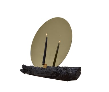 Candleholder burned wood and polished brass