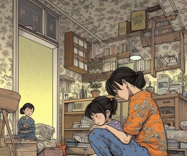 a woman sitting on a chair while a child is reading a book