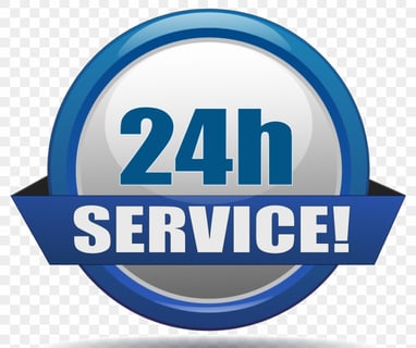 a service center with a blue ribbon around the logo