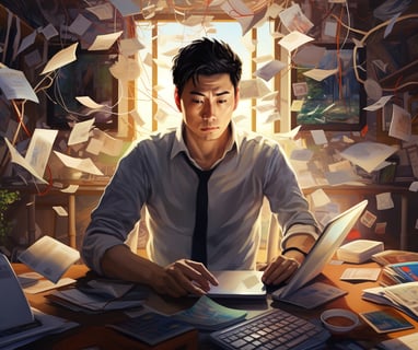 A contemplative overwhelmed business owner with asian trait, surrounded by scattered papers and multiple computer screens