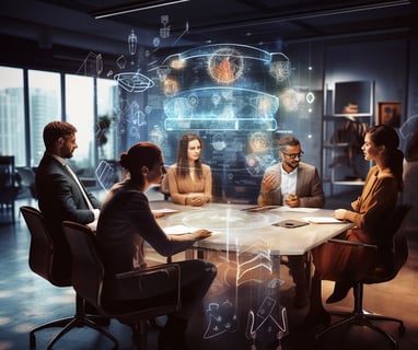 A diverse group of professionals brainstorming in a modern office setting with AI holographic projections showcasing innovati