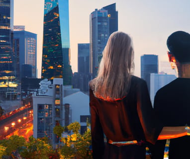 Couple overlooking a futuristic city