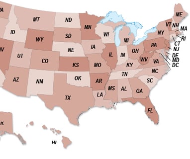 a map of the united states with the states highlighted in red