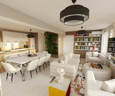 a living room with a table and chairs