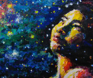 a painting of a woman with a colorful background