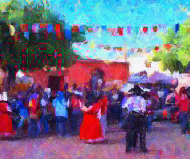 a painting of a couple dancing at a festival