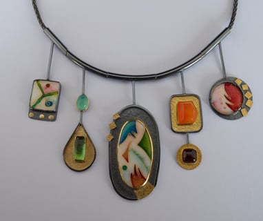 Lovely enamel and gemstone necklace with 22k gold, and oxidized silver