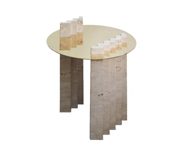 Coffee table in travertine and polished brass