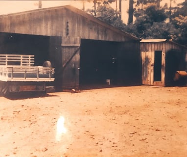 a truck parked in front of a barn