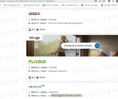 A screenshot of BusBud app finding a very cheap 5 euro ticket for a bus travel in Portugal