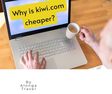 An open laptop with a sign on the screen saying 'Why kiwi.com is cheaper?'