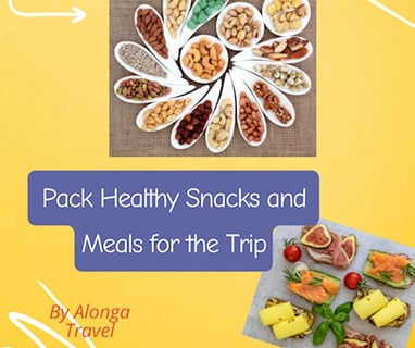 Yellow background with cheerfully arranged small piles of nuts, tapas & a sign: 'Pack healthy snacks