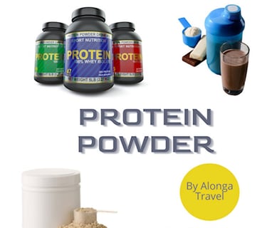 Bottles of protein powder, loose cream powder & a blender to mix into a nutritional drink on-the-go