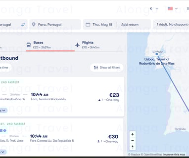 a screenshot of Omio app showing prices for both buses, trains and flights