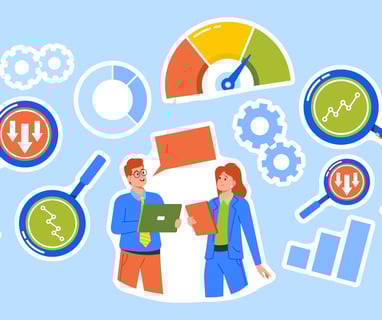 a man and woman in front of a blue background with a clock & Discussing business development