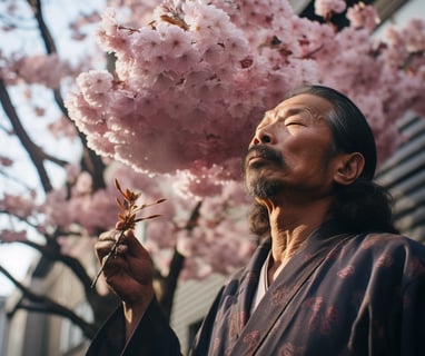 a Japanese man in a kimono smelling the flowers of a cherry tree