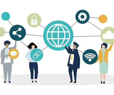 people holding up a globe with social media icons