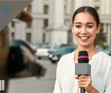 a woman in a white shirt is holding a microphone