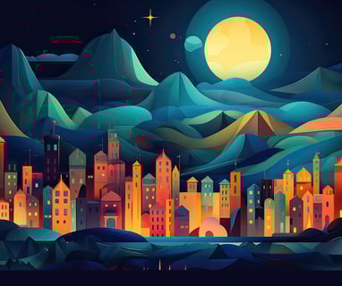 Hero image illustrated city skyline in the mountains at night