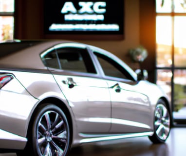 a car parked in a showroom with a tv screen