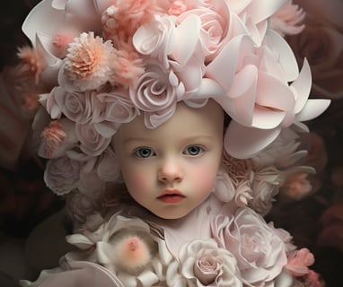 a baby girl wearing a pink dress and a flowered hat