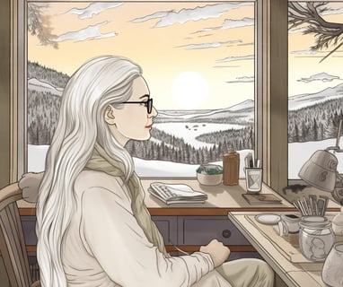 a woman sitting at a desk with a cup of coffee