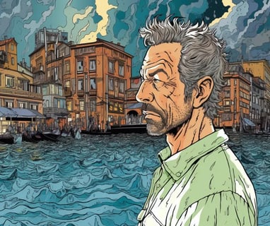 a man in a green shirt is looking at the water
