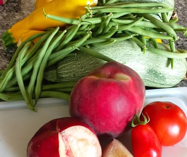 Local peaches and home grown veg.