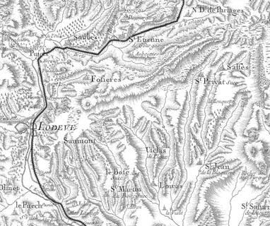 An eighteenth century map plotting the route from Montpellier to Paris via St Etienne