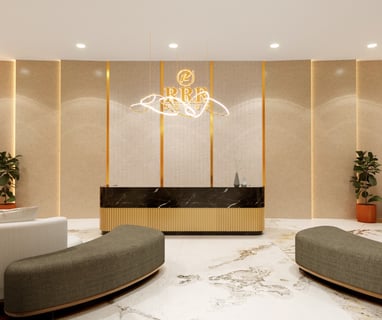 a modern office lobby with a large chandelier