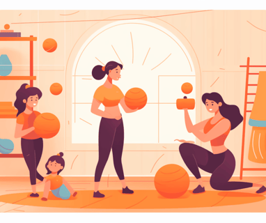 mom exercising in home gym with family and young kids