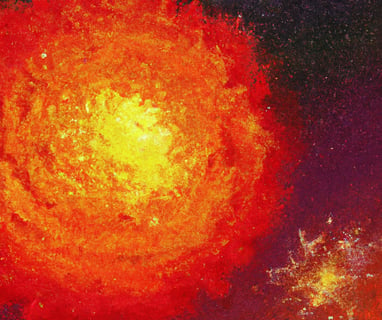 a painting of a red supergiant with a bright orange and yellow sun