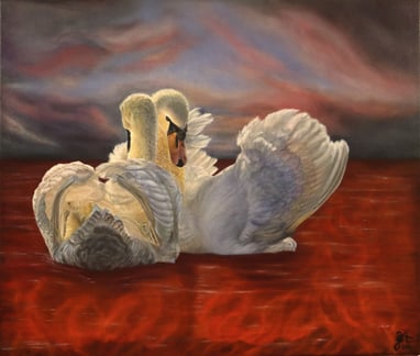 swans in love in lake of fire, the dark sky opening up