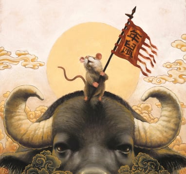 Chinese New Year, Year of the Rat, rat holding flag, riding on ox. Oil painting by Gabe Wells