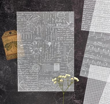 Printed Vellum Sheets with vintage designs in white and black ink