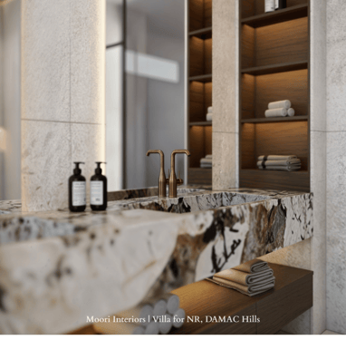 A modern bathroom vanity with a unique marble pattern and a large, well-lit mirror.
