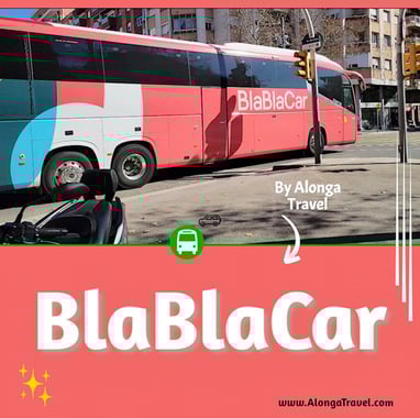 Salmon colored BlahBlaCar bus on a street in Barcelona & a custom sign: 'BlaBlaCar'