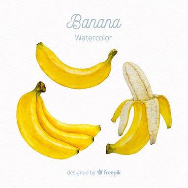 Watercolor drawing of a single banana on top, a bunch of 3 bananas on the bottom left, & a haft peel