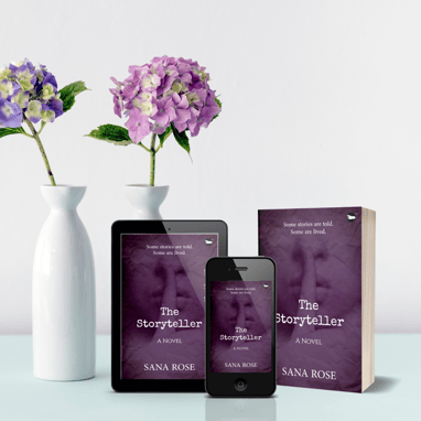 The Storyteller book near flower vase