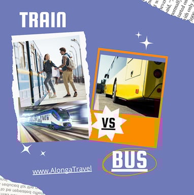 A divided screen with a picture of a train & a bus & a custom sign: 'Train vs Bus'