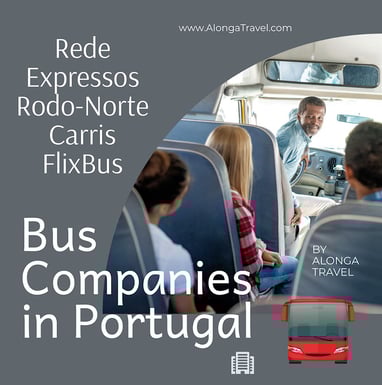 A bus driver talking to passengers in a bus & a custom sign that says 'Bus companies in Portugal'