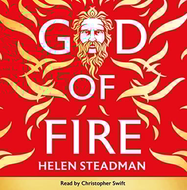 A bearded Greek god emerges from golden flames against a scarlet backdrop