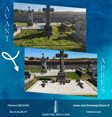 Rénovation graviers nettoyage tombe charente