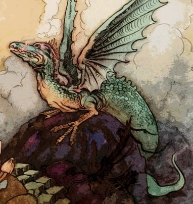 a watercolor illustration of a dragon crouched on a rock