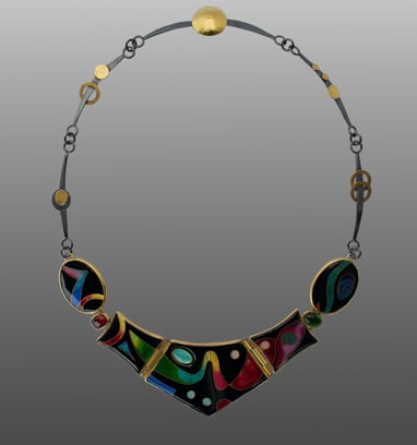 Enamel neckace with gemstones, oxidized silver, and 22k gold