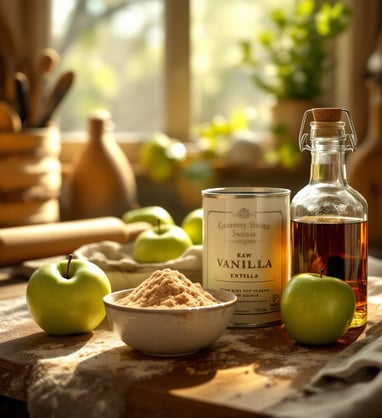 a kitchen counter with with apples and cinnamon