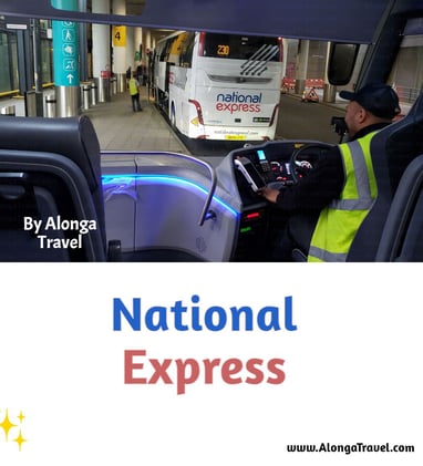 Inside the National Express bus in London with a view of another National Express bus